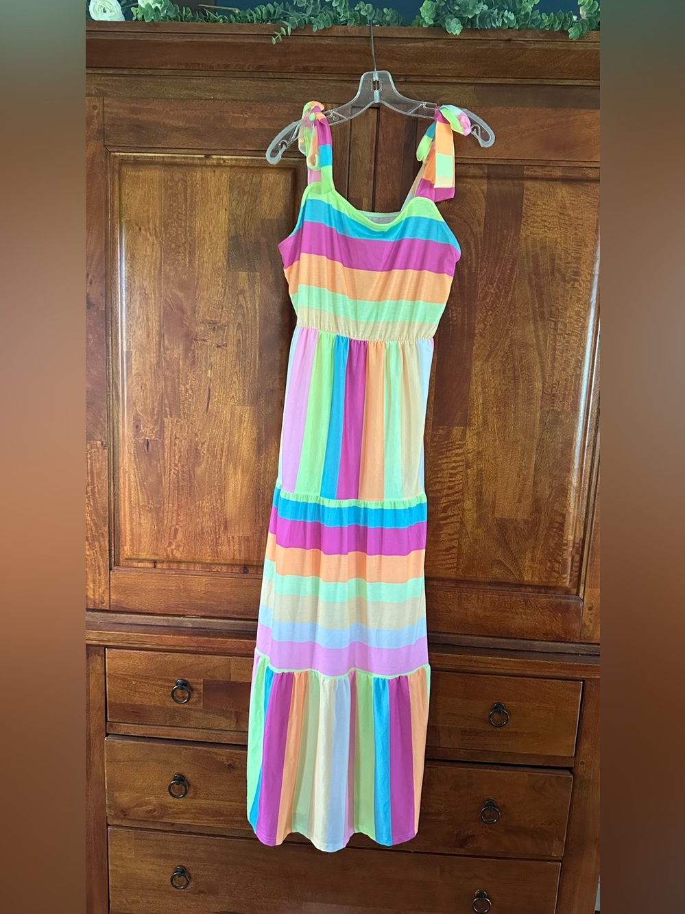 Women’s Rainbow Stripe Tie-Shoulder Maxi Dress